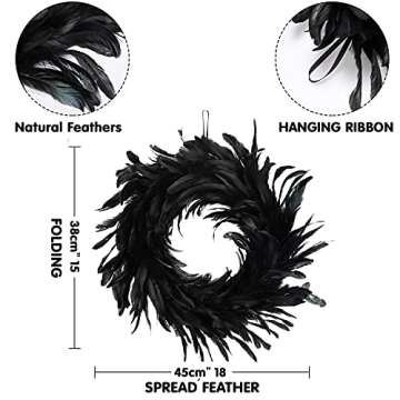 Kederwa Halloween Feather Wreath for Front Door,15inch Black Halloween Door Wreath for Halloween Photo Props, Spooky Scene Party Favors, Halloween Party Decorations