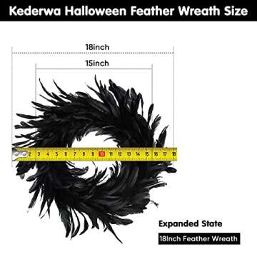 Kederwa Halloween Feather Wreath for Front Door,15inch Black Halloween Door Wreath for Halloween Photo Props, Spooky Scene Party Favors, Halloween Party Decorations