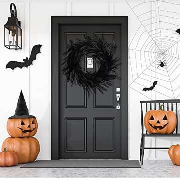 Kederwa Halloween Feather Wreath for Front Door,15inch Black Halloween Door Wreath for Halloween Photo Props, Spooky Scene Party Favors, Halloween Party Decorations
