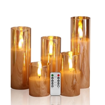 Eywamage 5 Pack Gold Glass Flameless Candles with Remote