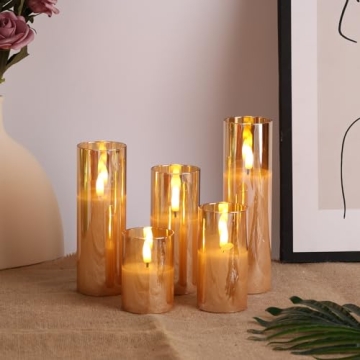 Eywamage 5 Pack Gold Glass Flameless Candles with Remote
