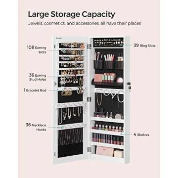 SONGMICS Jewelry Cabinet Armoire, Lockable Wall-Mounted Organizer Unit with 2 Plastic Cosmetic Storage Trays, Full-Length Frameless Mirror, White UJJC001W01