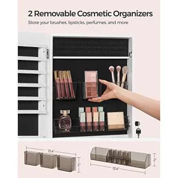 SONGMICS Jewelry Cabinet Armoire, Lockable Wall-Mounted Organizer Unit with 2 Plastic Cosmetic Storage Trays, Full-Length Frameless Mirror, White UJJC001W01
