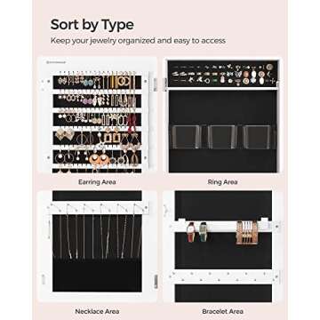 SONGMICS Jewelry Cabinet Armoire, Lockable Wall-Mounted Organizer Unit with 2 Plastic Cosmetic Storage Trays, Full-Length Frameless Mirror, White UJJC001W01