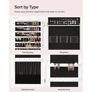 SONGMICS Jewelry Cabinet Armoire, Lockable Wall-Mounted Organizer Unit with 2 Plastic Cosmetic Storage Trays, Full-Length Frameless Mirror, White UJJC001W01