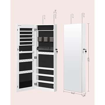 SONGMICS Jewelry Cabinet Armoire, Lockable Wall-Mounted Organizer Unit with 2 Plastic Cosmetic Storage Trays, Full-Length Frameless Mirror, White UJJC001W01
