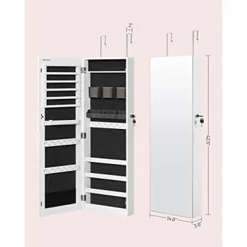 SONGMICS Jewelry Cabinet Armoire, Lockable Wall-Mounted Organizer Unit with 2 Plastic Cosmetic Storage Trays, Full-Length Frameless Mirror, White UJJC001W01