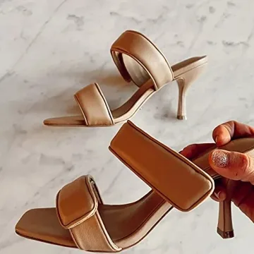 Ermonn Mules For Women With Heels Stiletto Square Toe Heeled Sandals Two Adjustable Strap Faux Leather Slip On Slippers