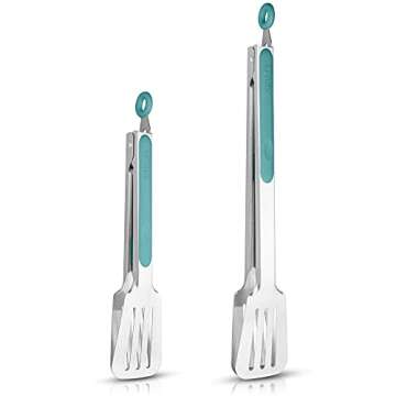 Premium 304 Stainless Steel Barbecue Turners, Heavy Duty Non-Stick BBQ Cooking Kitchen Tongs, 9" and 12" Aqua Sky
