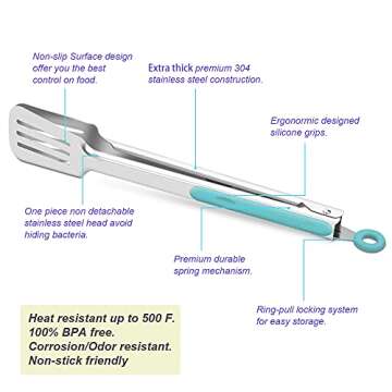 Premium 304 Stainless Steel Barbecue Turners, Heavy Duty Non-Stick BBQ Cooking Kitchen Tongs, 9" and 12" Aqua Sky