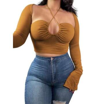 KERPELLY Women's Sexy Halter Criss Cross Tie Up Crop Top Basic Long Sleeve Cut Out T Shirt