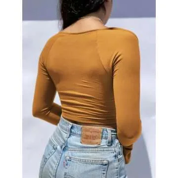 KERPELLY Women's Sexy Halter Criss Cross Tie Up Crop Top Basic Long Sleeve Cut Out T Shirt