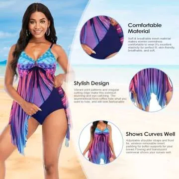 Zando Tummy Control Swimdress Plus Size Bathing Suits for Women Skirtini Swimdress with Boyshorts Women's One-Piece Swimsuits Flowy Swim Dress Bathing Suit Tankini Tops Black Ethnic Printed 3XL 18-20