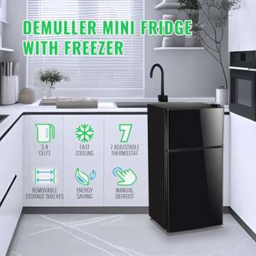 DEMULLER 2.4 Cu.Ft Mini Fridge with Freezer & Double Door Small Tiny Size Refrigerator with 7 Temperature Control Knob Only Suitable for One Person Use Black