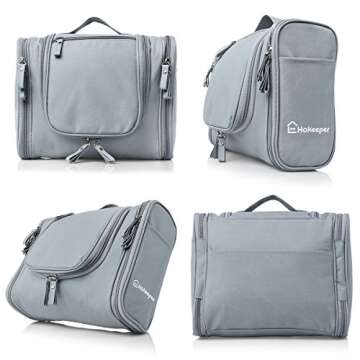 HOKEEPER Waterproof Hanging Toiletry Bag for Men - Travel Cosmetic Organizer Makeup Bag for Women Shaving Kit Bag Dopp Kit - Large Size: 10.2 x 4.5 x 8.5 Inch (Grey)