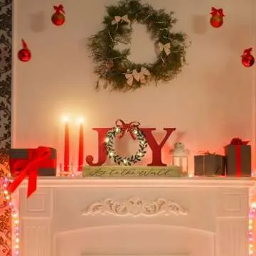 Christmas Decorations for Home LED Lighted Joy Sign with Wreath Farmhouse Wooden Rustic Tabletop Dec...