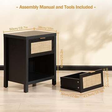 SICOTAS Rattan Night Stands Set of 2, Farmhouse Nightstand Bedside Table with Drawer and Storage Shelf, Boho End Side Table Accent Table for Bedroom, Small Space, Black Oak