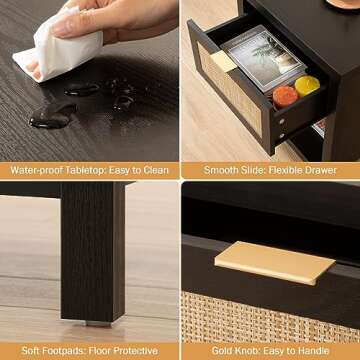 SICOTAS Rattan Night Stands Set of 2, Farmhouse Nightstand Bedside Table with Drawer and Storage Shelf, Boho End Side Table Accent Table for Bedroom, Small Space, Black Oak