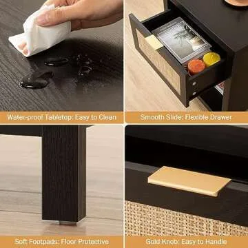 SICOTAS Rattan Night Stands Set of 2, Farmhouse Nightstand Bedside Table with Drawer and Storage Shelf, Boho End Side Table Accent Table for Bedroom, Small Space, Black Oak