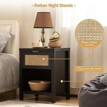 SICOTAS Rattan Night Stands Set of 2, Farmhouse Nightstand Bedside Table with Drawer and Storage Shelf, Boho End Side Table Accent Table for Bedroom, Small Space, Black Oak