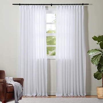 TWOPAGES Luxury Sheer Curtain with Pinch Pleat Top for Living Room Kitchen White Light Filtering Cur...