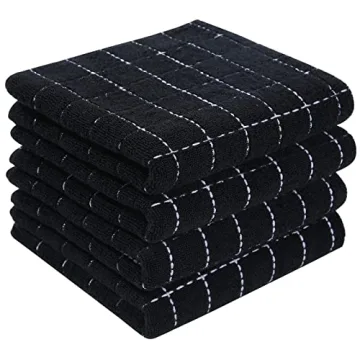 Homaxy 100% Cotton Terry Kitchen Towels(Black, 13 x 28 inches), Checkered Designed, Soft and Super A...