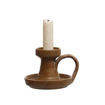 Creative Co-Op Stoneware Taper Handle and Reactive Glaze, Holds 3 Inches Pillar, Brown Candle Holder