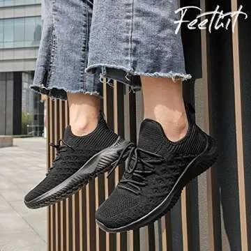 Feethit Womens Slip On Walking Shoes Non Slip Running Shoes Breathable Workout Shoes Lightweight Gym Sneakers All Black Size 9.5