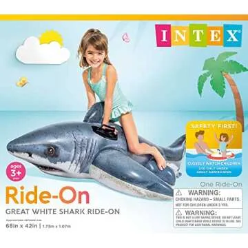 Intex Great White Shark Inflatable Pool Float: Animal Pool Toy for Kids – 2 Heavy-Duty Handles – 88lb Weight Capacity – 68" x 42" – for Ages 3+