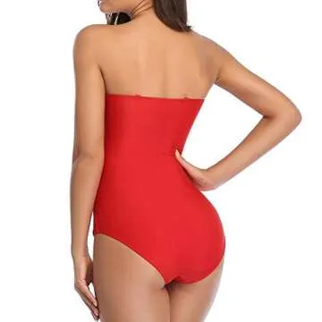 Smismivo Women's Strapless One Piece Tummy Control Swimsuit Vintage Retro Ruched Bandeau Bathing Suit Padded Slimming Tube Top Shirred Swimwear Red