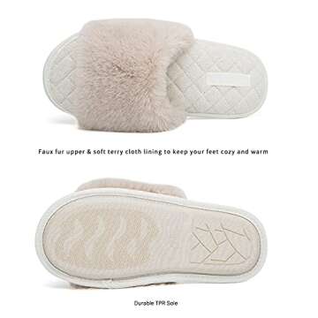 FANTURE Women's Furry Faux Fur Slippers Cozy Memory Foam House Slippers Soft Comfy Flat Slide Sandals Indoor Outdoor-U419WMT035-Beige-38-39