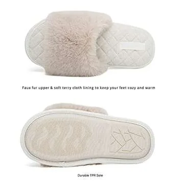 FANTURE Women's Furry Faux Fur Slippers Cozy Memory Foam House Slippers Soft Comfy Flat Slide Sandals Indoor Outdoor-U419WMT035-Beige-38-39