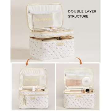 HBselect 2Pcs Double Layer Travel Makeup Bag Women, Cotton Quilted Makeup Bag Coquette Makeup Bag La...