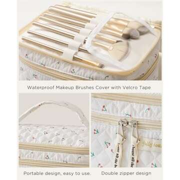 HBselect 2Pcs Double Layer Travel Makeup Bag Women, Cotton Quilted Makeup Bag Coquette Makeup Bag Large Travel Cosmetic Bag Aesthetic Cute Kawaii Cherry Makeup Bag Toiletry Bags for Women Girls