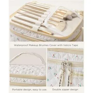 HBselect 2Pcs Double Layer Travel Makeup Bag Women, Cotton Quilted Makeup Bag Coquette Makeup Bag Large Travel Cosmetic Bag Aesthetic Cute Kawaii Cherry Makeup Bag Toiletry Bags for Women Girls