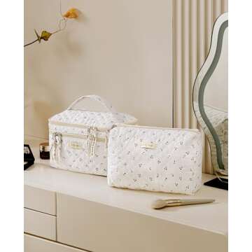 HBselect 2Pcs Double Layer Travel Makeup Bag Women, Cotton Quilted Makeup Bag Coquette Makeup Bag Large Travel Cosmetic Bag Aesthetic Cute Kawaii Cherry Makeup Bag Toiletry Bags for Women Girls