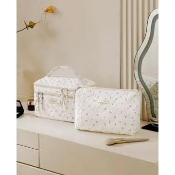 HBselect 2Pcs Double Layer Travel Makeup Bag Women, Cotton Quilted Makeup Bag Coquette Makeup Bag Large Travel Cosmetic Bag Aesthetic Cute Kawaii Cherry Makeup Bag Toiletry Bags for Women Girls