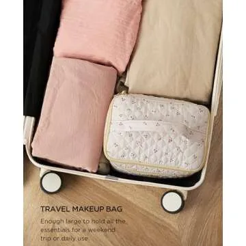HBselect 2Pcs Double Layer Travel Makeup Bag Women, Cotton Quilted Makeup Bag Coquette Makeup Bag Large Travel Cosmetic Bag Aesthetic Cute Kawaii Cherry Makeup Bag Toiletry Bags for Women Girls