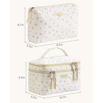 HBselect 2Pcs Double Layer Travel Makeup Bag Women, Cotton Quilted Makeup Bag Coquette Makeup Bag Large Travel Cosmetic Bag Aesthetic Cute Kawaii Cherry Makeup Bag Toiletry Bags for Women Girls