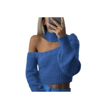Women Sexy Crop Top Long Sleeve Hollow Out Knitted Top Cutout Slim Shirt Cropped Tees Sweaters Party Streetwear (Blue-C, S)