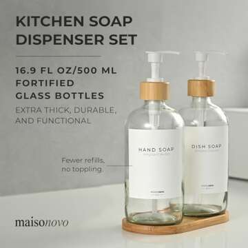 MaisoNovo Soap Dispenser 3-Piece Set | 16.9oz Clear Bottles with White Bamboo Pumps