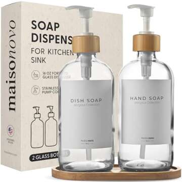 MaisoNovo Soap Dispenser 3-Piece Set | 16.9oz Clear Bottles with White Bamboo Pumps