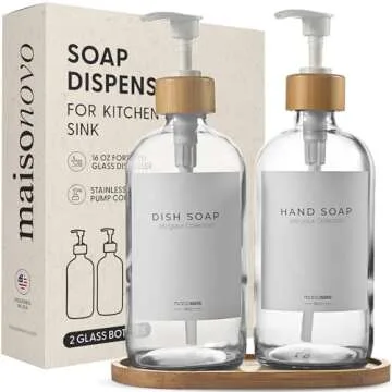 MaisoNovo Soap Dispenser 3-Piece Set | 16.9oz Clear Bottles with White Bamboo Pumps