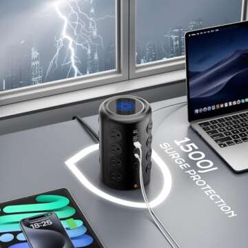 Heavy Duty Power Strip Tower with 16 Outlets and 5 USB Ports (2 USB-C), TenTrend 1500J Surge Protector with Multiple Outlets, 6 FT Extention Cord for Home Office Desk, Dorm Room Essentials Black