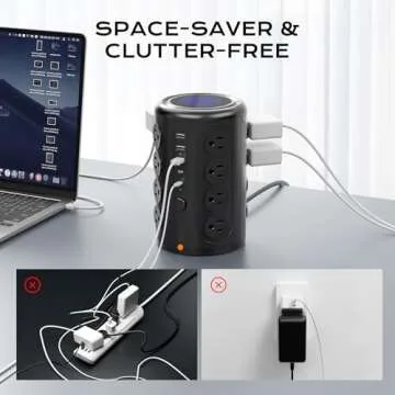 Heavy Duty Power Strip Tower with 16 Outlets and 5 USB Ports (2 USB-C), TenTrend 1500J Surge Protector with Multiple Outlets, 6 FT Extention Cord for Home Office Desk, Dorm Room Essentials Black