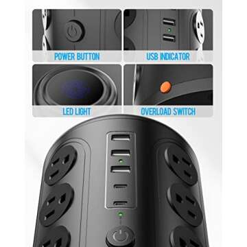 Heavy Duty Power Strip Tower with 16 Outlets and 5 USB Ports (2 USB-C), TenTrend 1500J Surge Protector with Multiple Outlets, 6 FT Extention Cord for Home Office Desk, Dorm Room Essentials Black
