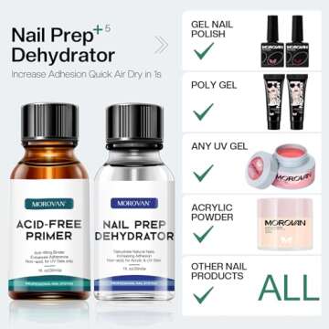 Morovan Nail Primer And Natural Nail Prep Dehydrate Set, Nail Dehydrator and Primer, Fast Air Dry For Gel Polish & Acrylic Powder, Gel Nail Primer and Dehydrator 30ml / 1oz