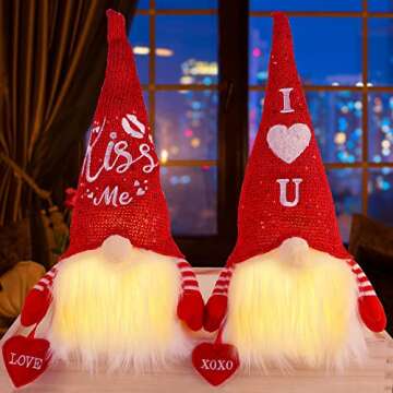 Juegoal 2 Pack Lighted Valentines Plush Gnomes Decorations, 14.5 Inch Handmade Scandinavian Swedish Tomte, Light Up Elf Toy Holiday, Battery Operated Valentine's Day Gift Tabletop Ornament