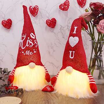 Juegoal 2 Pack Lighted Valentines Plush Gnomes Decorations, 14.5 Inch Handmade Scandinavian Swedish Tomte, Light Up Elf Toy Holiday, Battery Operated Valentine's Day Gift Tabletop Ornament