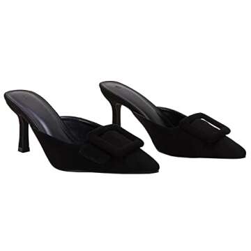 VETASTE Women's Heeled Mules Pointed Toe Suede Buckle Slip On Sandals Kitten Heels Party Wedding Shoes